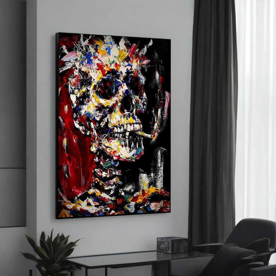 Vivid Banksyinspired Graffiti Canvas Art Colorful Skull With Bold Brushstrokes Readytohang Modern Wall Dcor