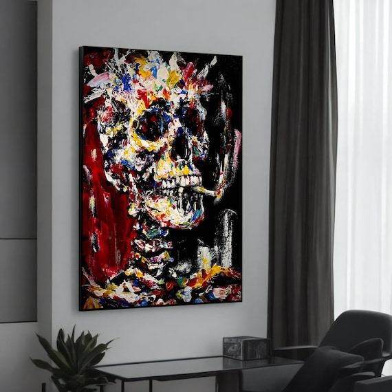 Vivid Banksyinspired Graffiti Canvas Art Colorful Skull With Bold Brushstrokes Readytohang Modern Wall Dcor