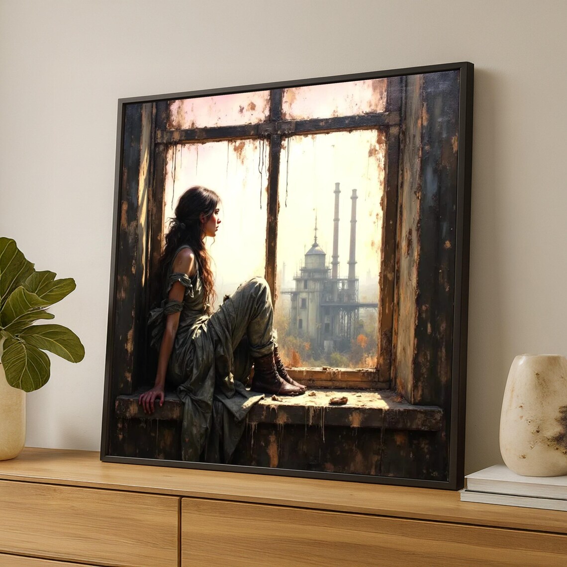 Contemplative Woman Rustic Window Abandoned Factory Oil Painting Print