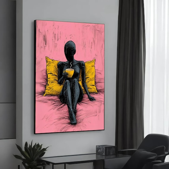 Woman Coffee Cup Pink Bedroom Modern Sketch Art Wall Decor Poster