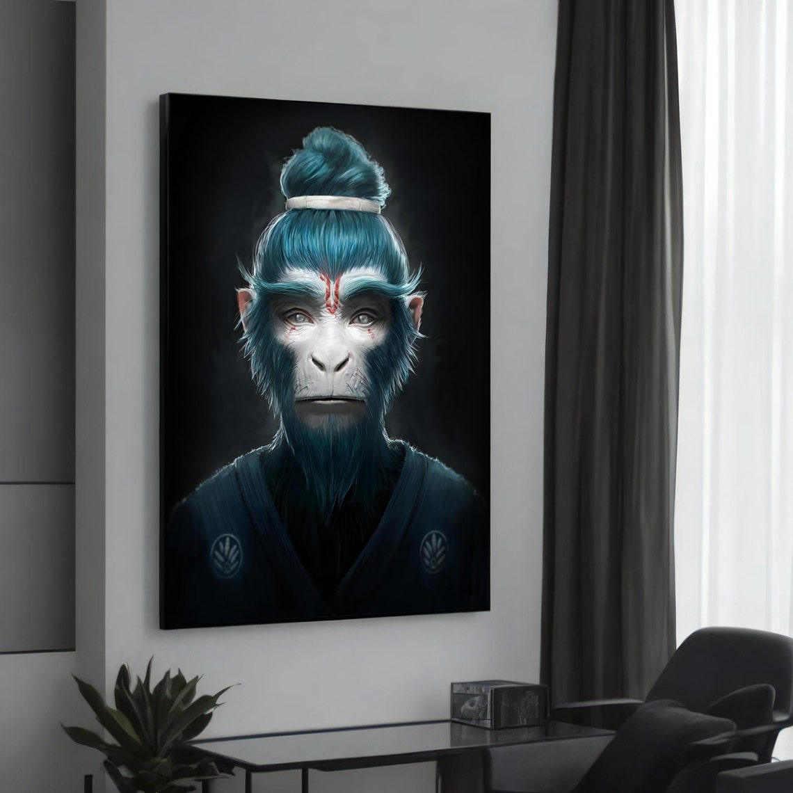 Samurai Monkey Warrior Dark Blue Animal Portrait Canvas Art Poster