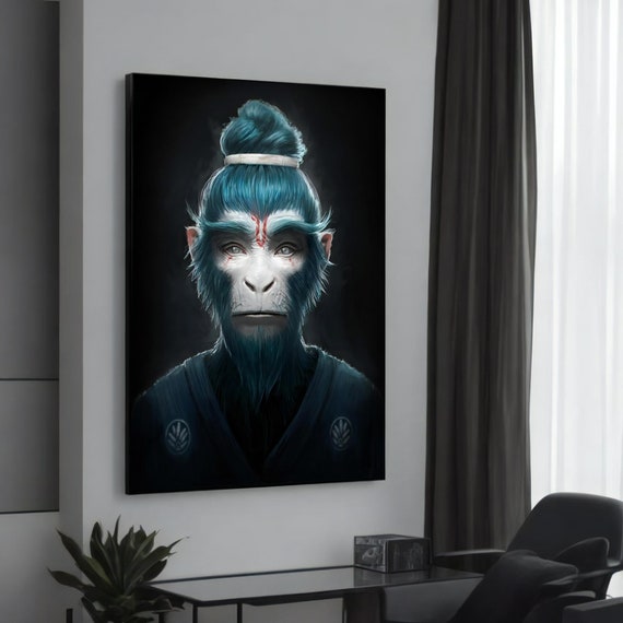 Samurai Monkey Canvas Painting Unique Animal Art Dark Modern Decor Bold And Intriguing Wall For Lovers