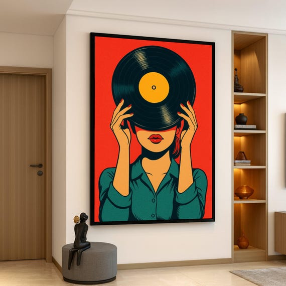 Retro Vinyl Record Wall Art Woman Holding Canvas Pop Music Decor Vintage Style Poster Modern Home Decoration