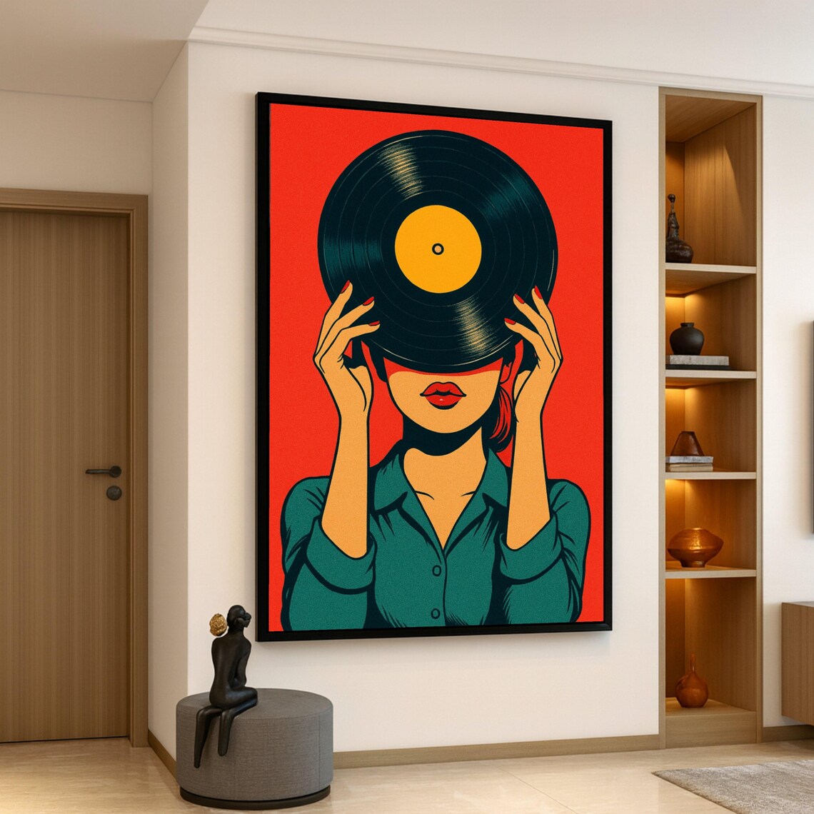 Woman Holding Vinyl Record Retro Pop Art Music Lover Wall Poster