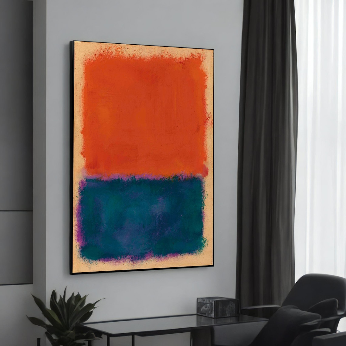 Bold Orange and Blue Color Field Modern Abstract Canvas Poster