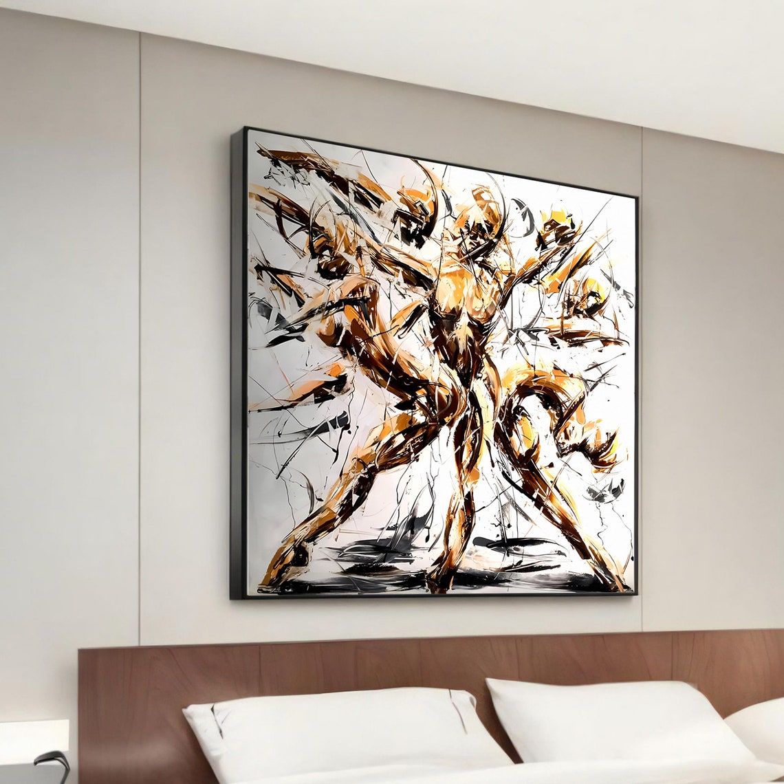 Golden Abstract Dancers Fluid Brushstrokes Modern Canvas Wall Art