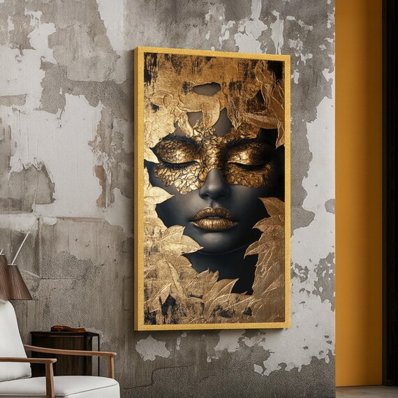 Golden Masked Woman Abstract Face Portrait, Art Print