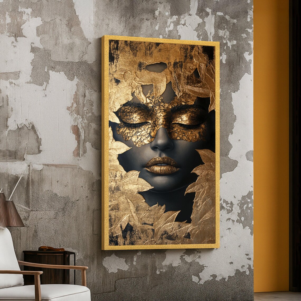 Golden Masked Woman Abstract Face Portrait, Art Print