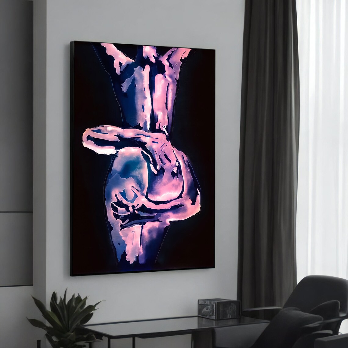 Neon Passion Figure Pink Blue Silhouette Dark Sensual Canvas Poster