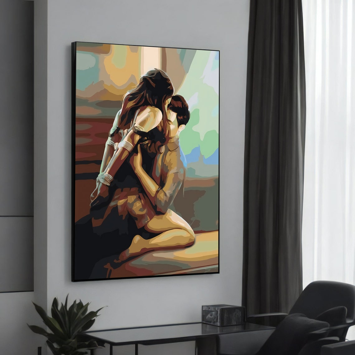 Passionate Embrace Kissing Couple Colorful Romantic Art Poster
