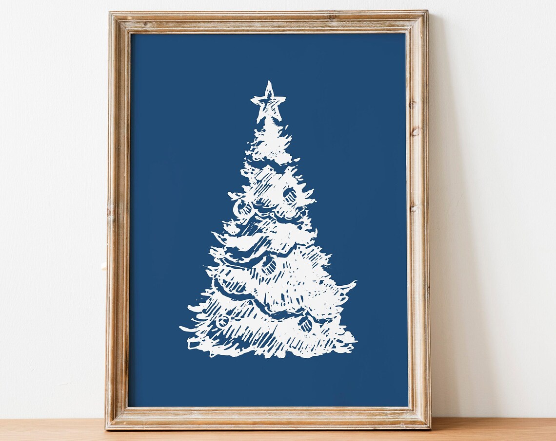 Navy Blue Christmas Tree White Sketch Star Holiday Wall Poster