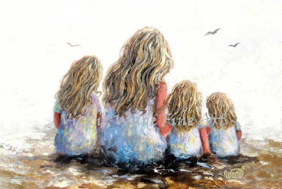 Mother and Three Blonde Daughters Sitting on the Beach Poster
