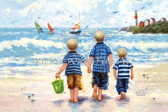 Three Beach Boys Art Print Three Brothers Beach Wall Art Boys Room Beach Art Sailboats Lighthouse Ocean Little Boys Wade Art