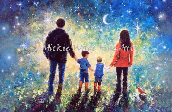 Family Walking Together Under the Starry Night Sky Crescent Moon Poster