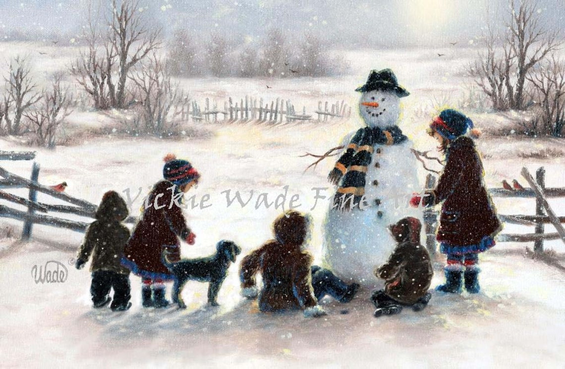 Five Children And A Dog Building A Snowman In The Snow Poster