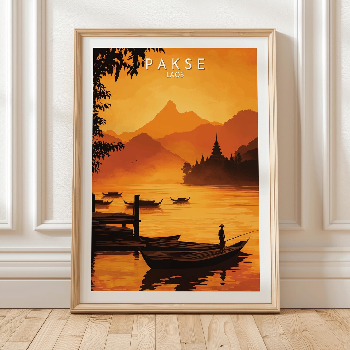 Pakse Laos Sunset Travel Poster with Silhouetted Boats and Temple