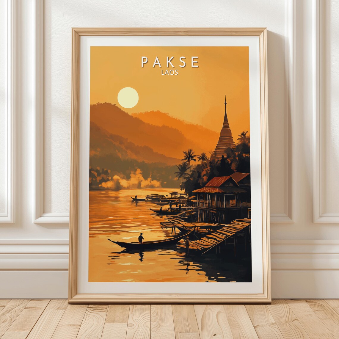 Pakse Laos Mekong River Sunset Boats Temple Spire Travel Poster