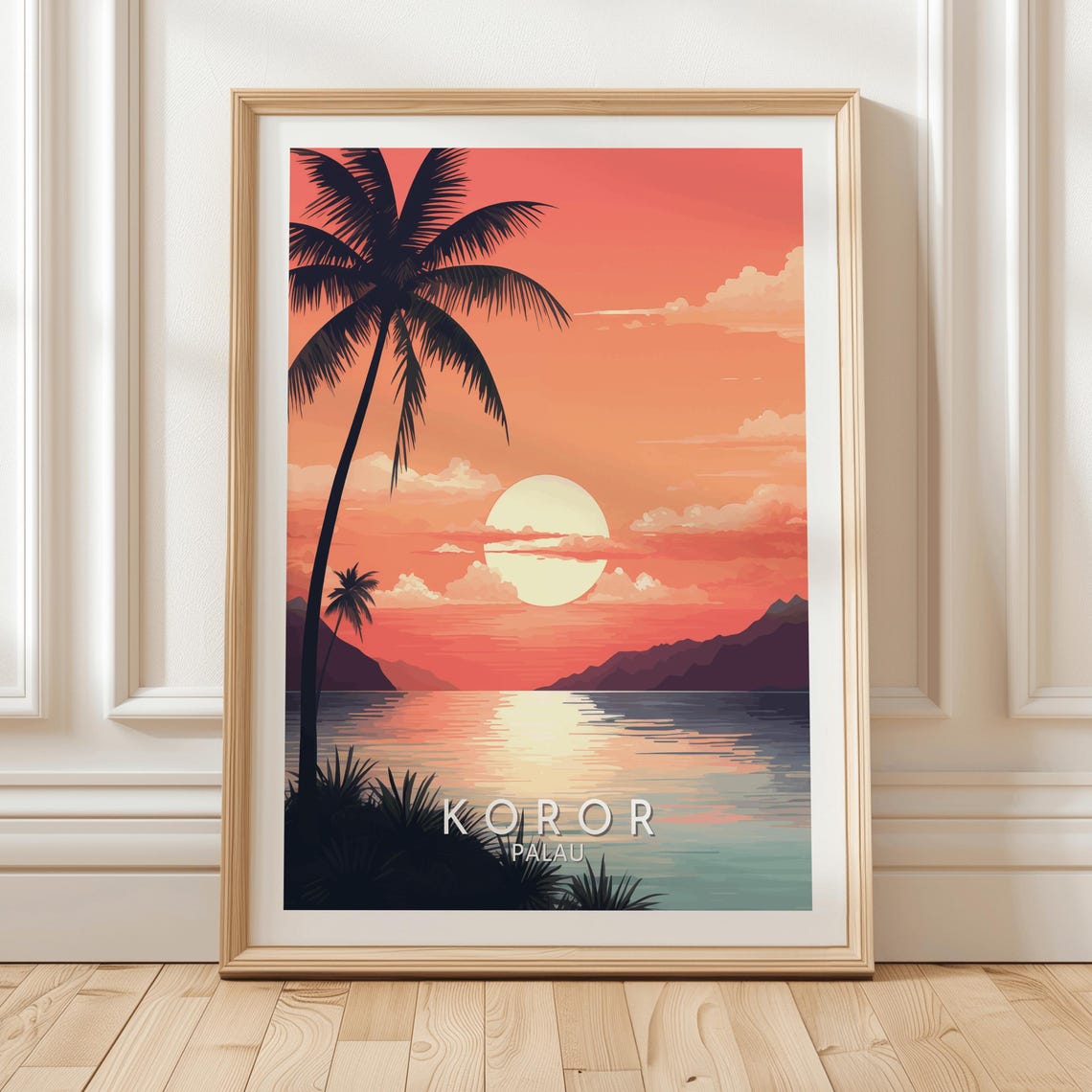 Koror Palau Sunset Beach Palm Silhouette Ocean Reflection Poster