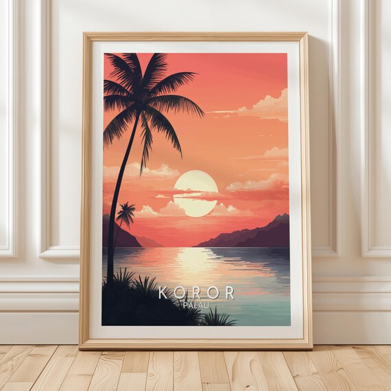 Koror Palau Sunset Beach Wall Art Print Featuring Tropical Ocean View With Palm Trees Silhouetted Against Fiery Sky Reflection Unique Gift
