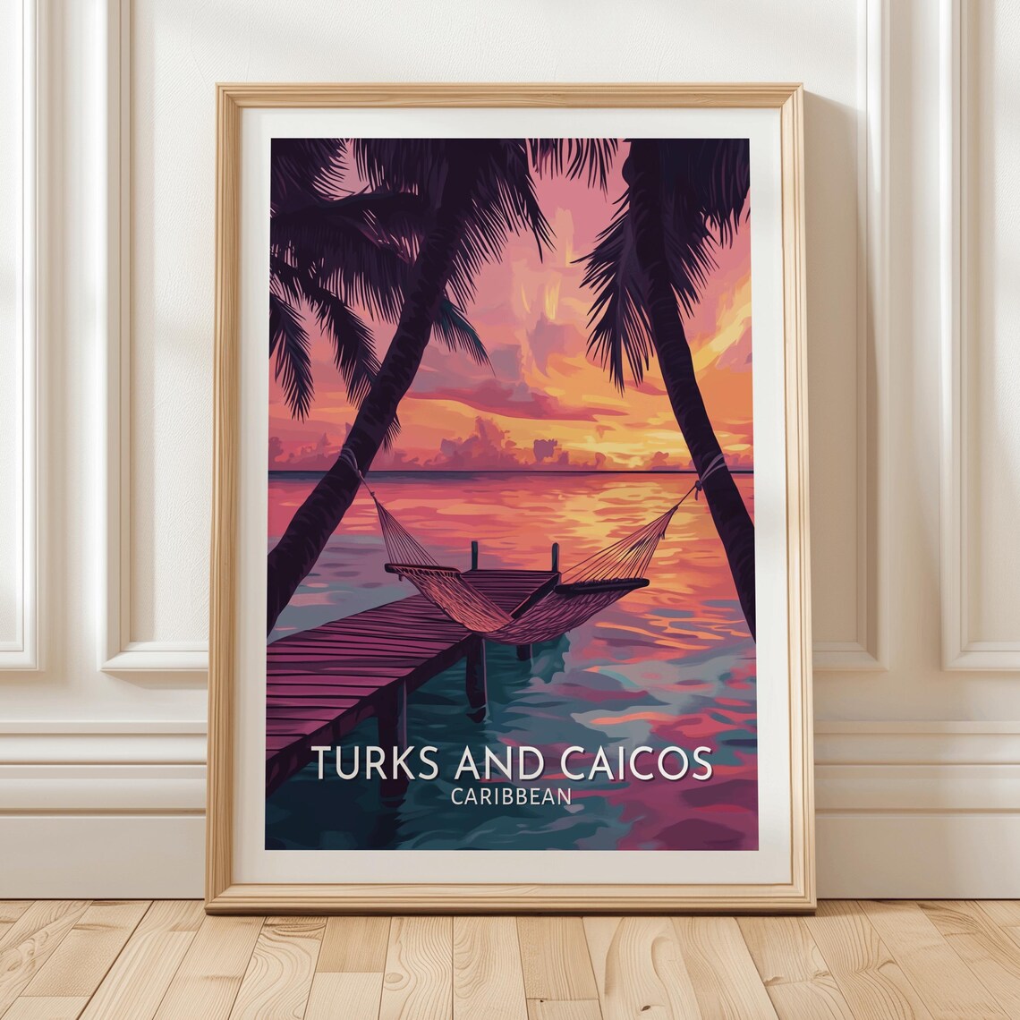 Turks and Caicos Caribbean Sunset Hammock Pier Travel Poster