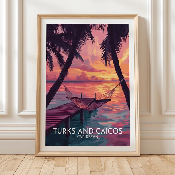 Turks And Caicos Travel Poster Featuring Hammock Between Palm Trees On A Wooden Pier Over Turquoise Water At Sunset In Caribbean Paradise