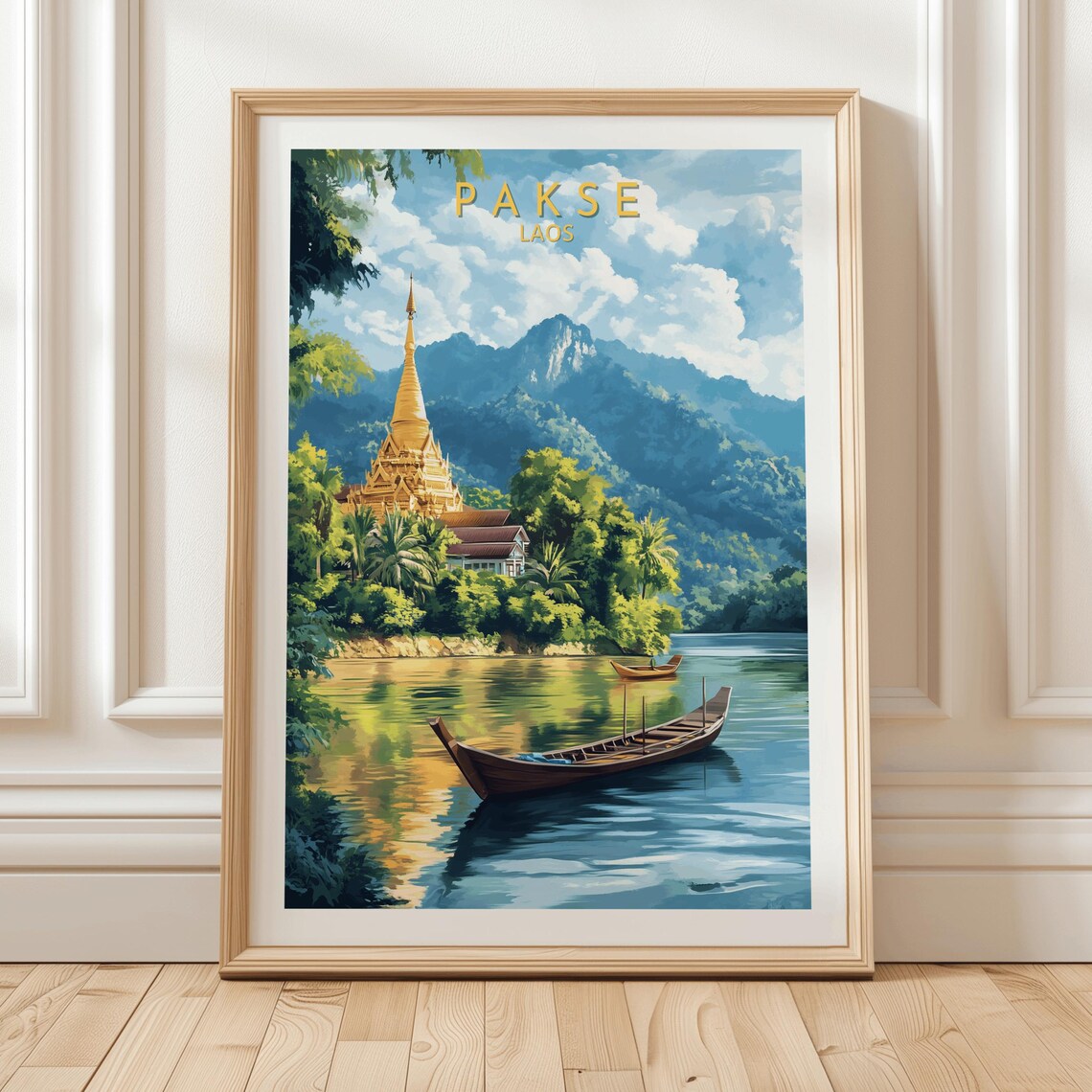 Pakse Laos Travel Poster With Golden Temple Wooden Boats And Tropical River Landscape Serene Southeast Asia Wall Art For Home Decor Gift