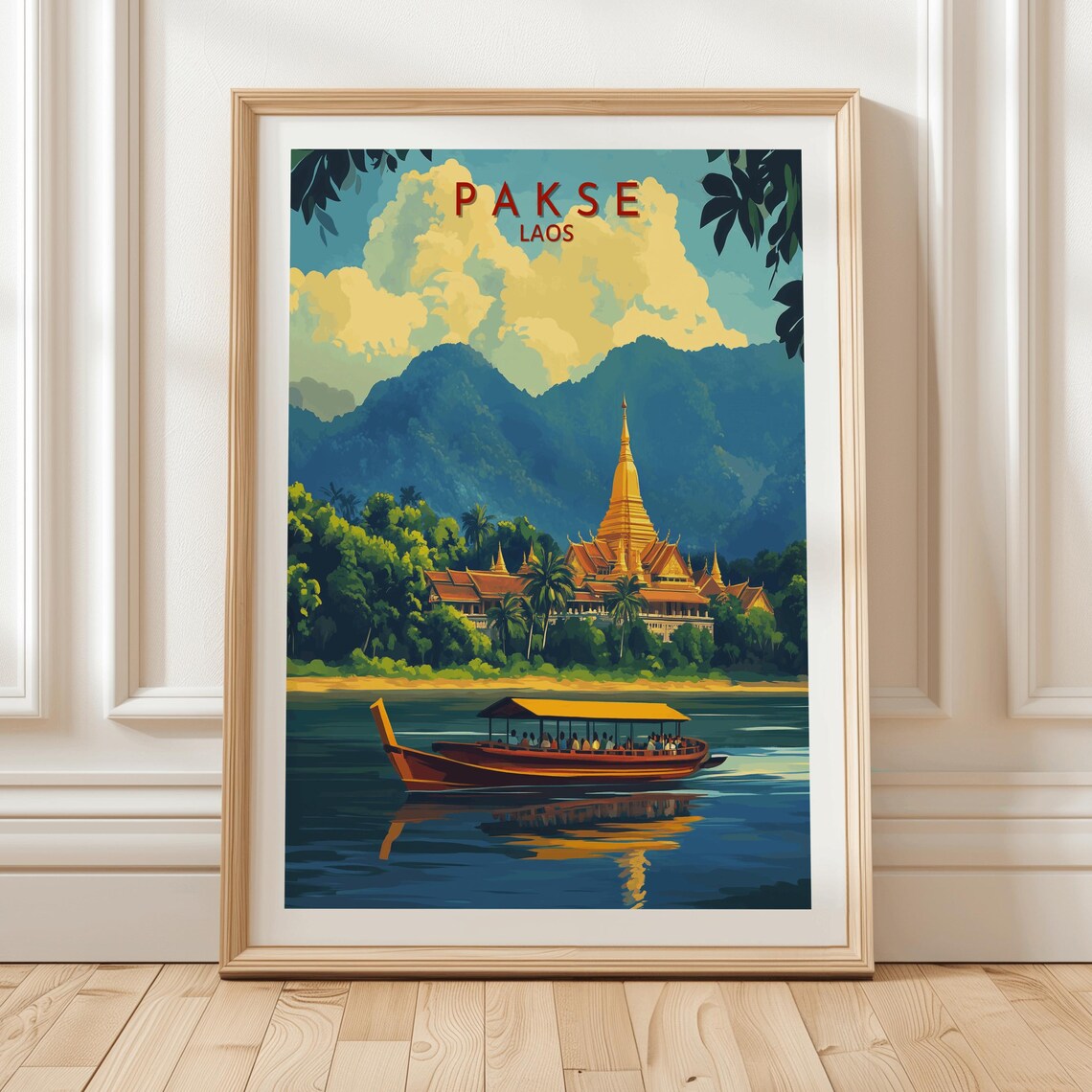 Pakse Laos Riverside Temple And Longboat Vintage Style Travel Poster