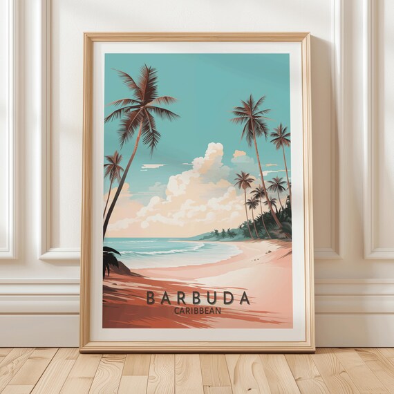 Barbuda Caribbean Art Print Featuring Tall Palm Trees And Gentle Ocean Waves Along A Serene Pink Sand Tropical Beach Scene Traveler Gift