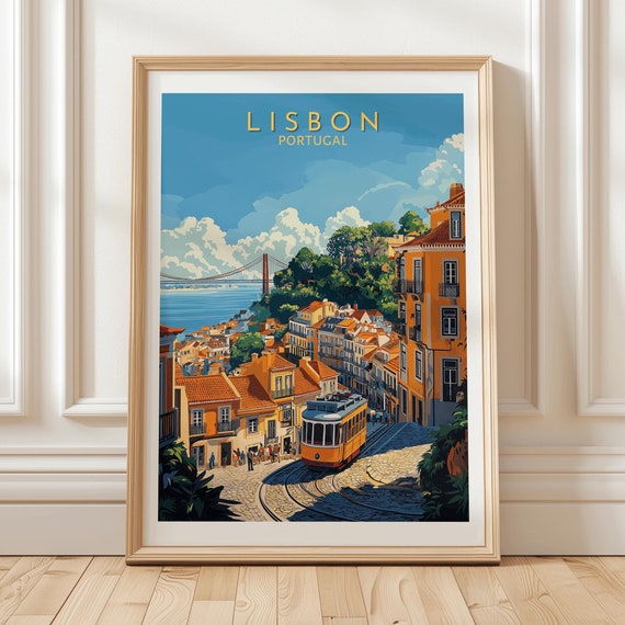 Lisbon Portugal Tram Vintage Travel Poster, Alfama