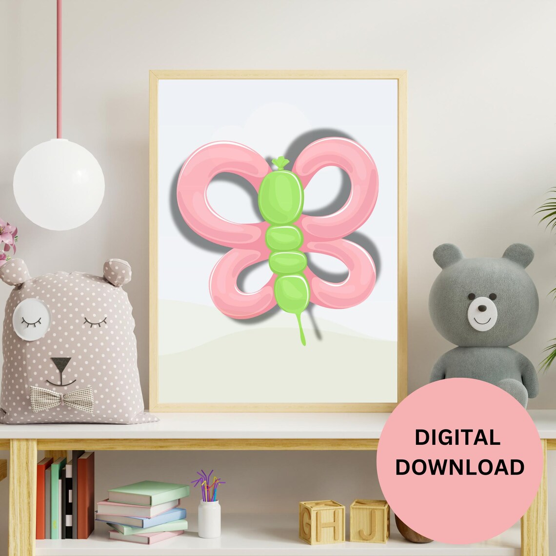 Pink and Green Balloon Butterfly Watercolor Kids Room Art Print - Image 3