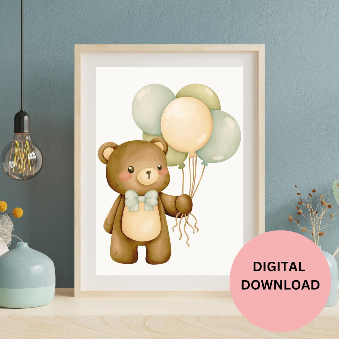 Watercolor Teddy Bear With Pastel Balloons Baby Nursery Poster - Image 2