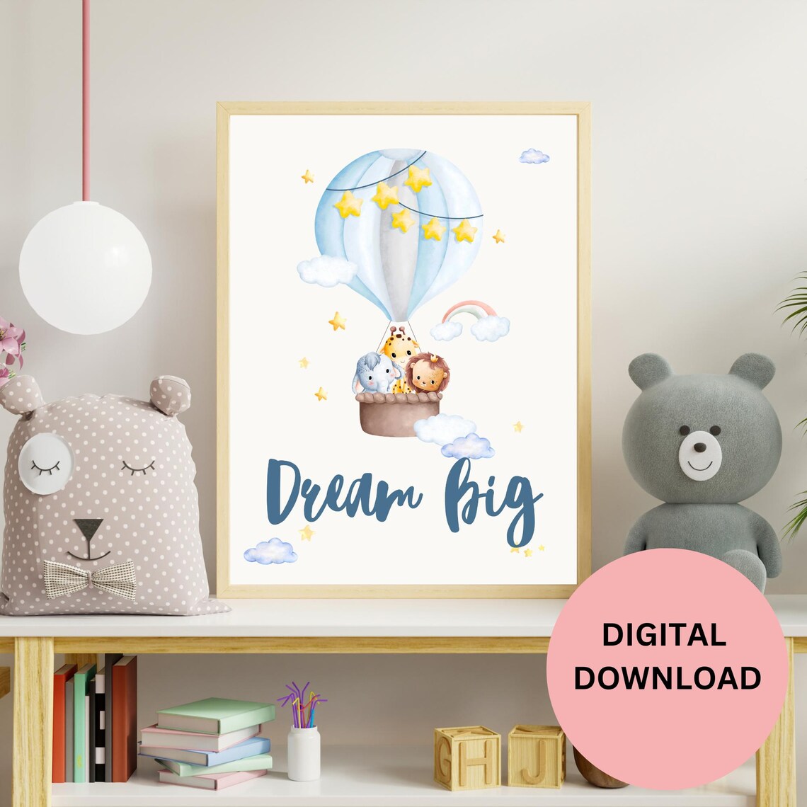 Dream Big Hot Air Balloon Animals Elephant Giraffe Lion Art Print - Image 3