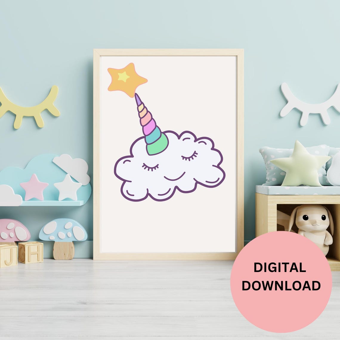 Kawaii Unicorn Cloud With Rainbow Horn and Star Cute Kids Art Print - Image 3