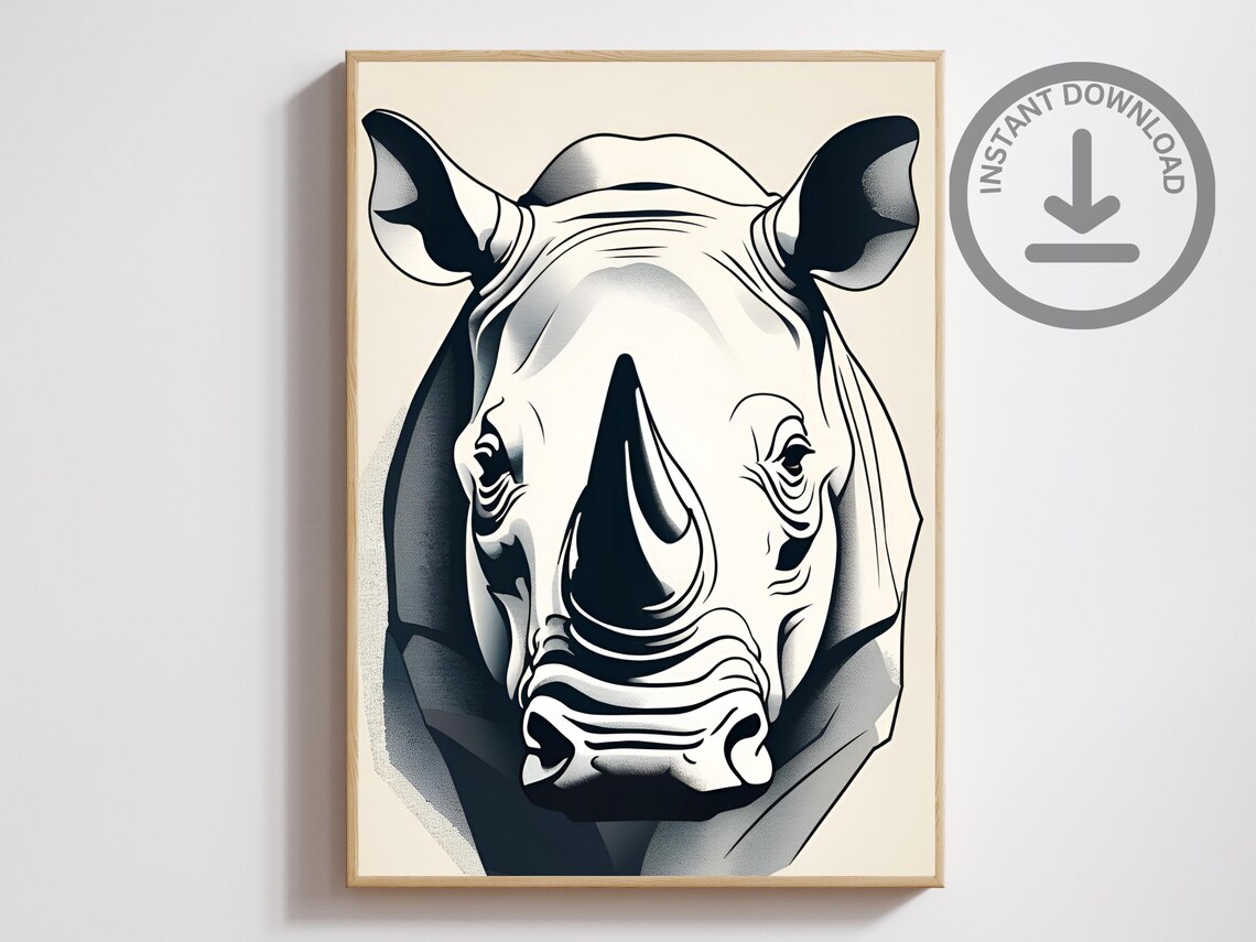 Rhino Portrait Minimalist Black Ink Safari Wildlife Face Art Poster