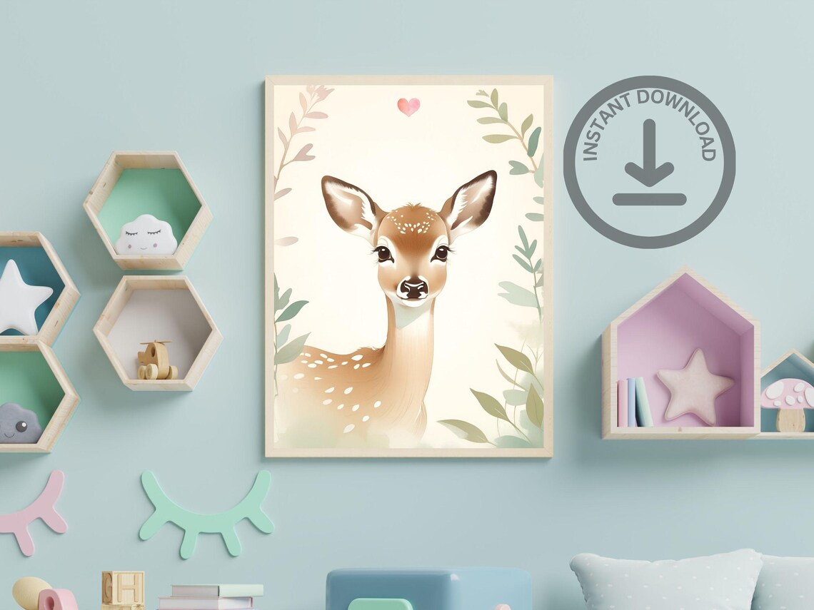 Baby Deer Fawn Watercolor Portrait Cute Woodland Nursery Art Poster - Image 3