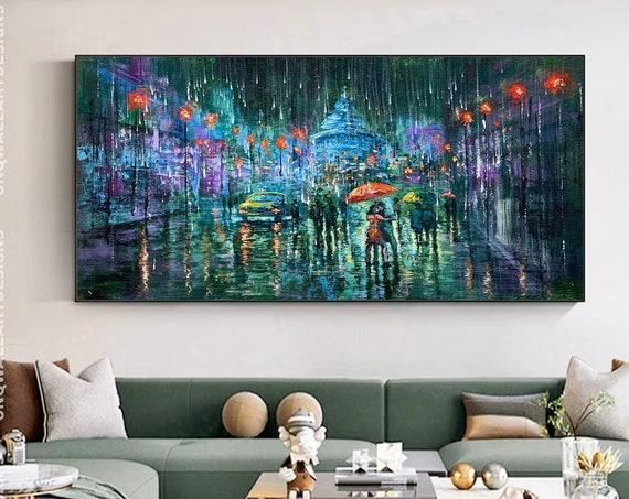 Kissing Couple Cityscape Painting, Modern Living Room Art
