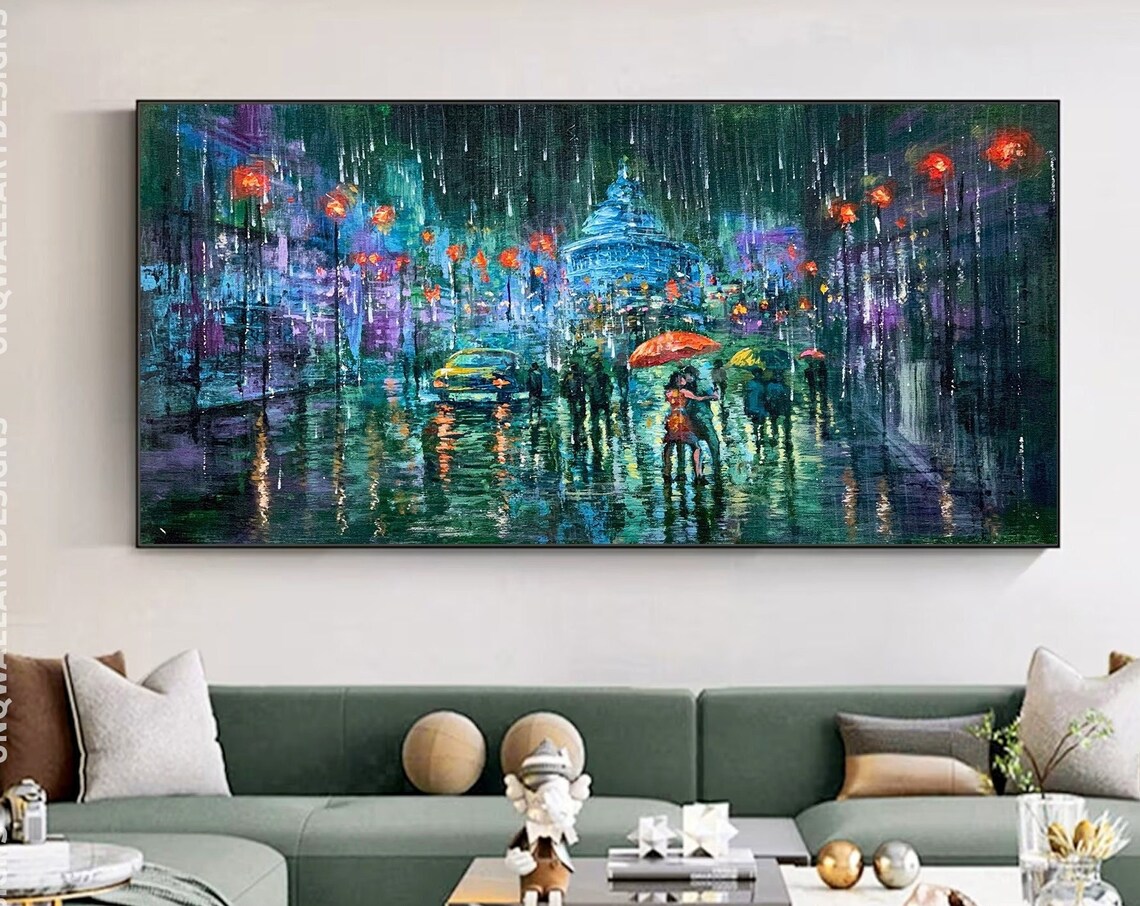 Kissing Couple Cityscape Painting, Modern Living Room Art