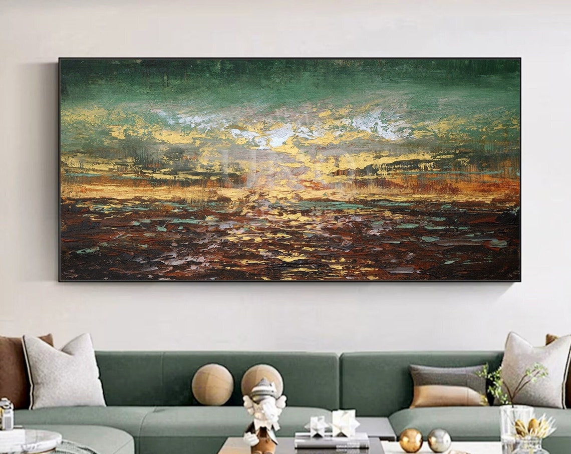 Green And Gold Abstract Landscape Dusk Textured Painting Decor Poster