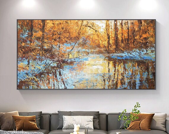 Modern Forest Landscape Acrylic Wall Art Colorful Lake Landscape Oil Painting Large Textured Nature Tree Scenery Acrylic Painting