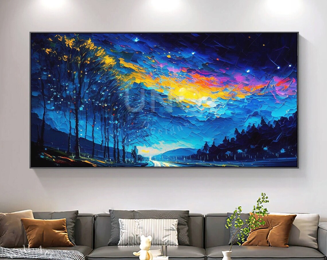 Abstract Tree With Blue Sparkle Sky Oil Painting Night Sky Landscape Acrylic Art Beautiful Night Landscape Artwork Impressionism Decor