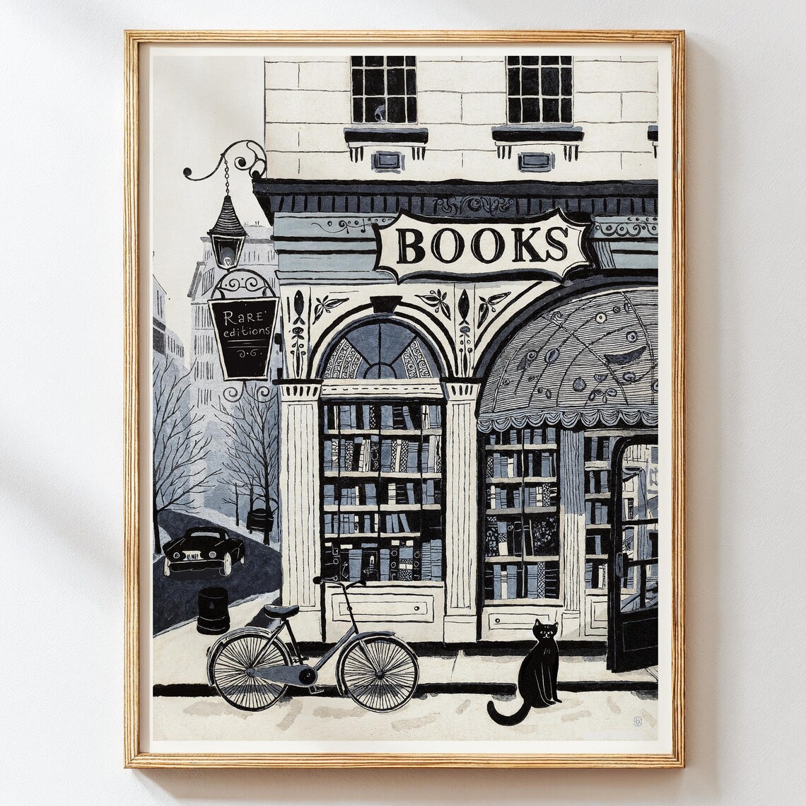 Vintage Bookstore Black Cat Bicycle Art Print