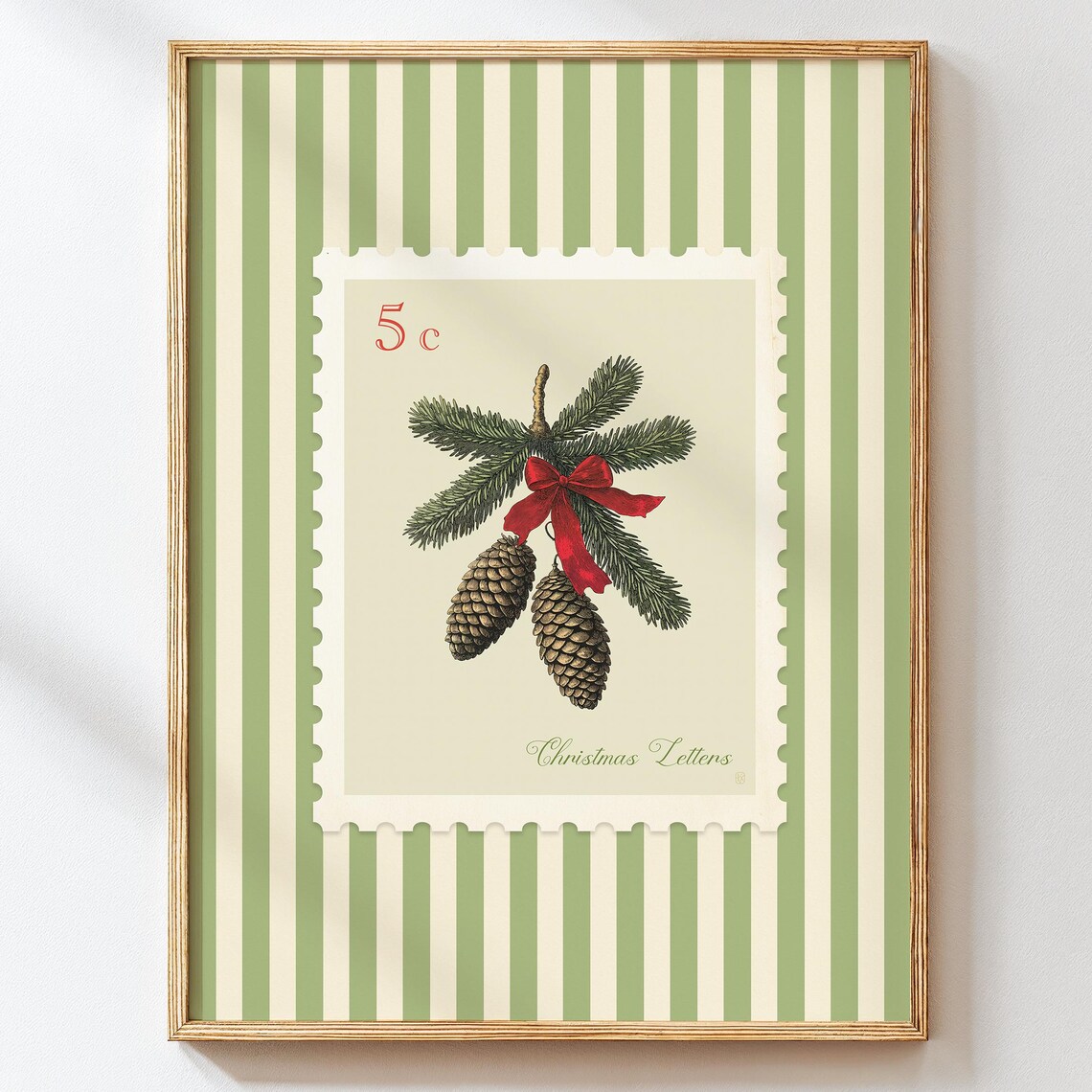 Vintage Pinecone Christmas Postage Stamp Poster Red Bow Botanical Artwork