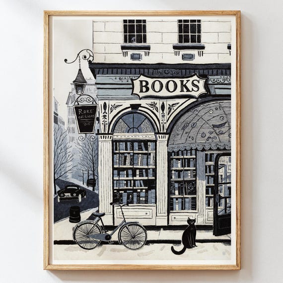 Bookshop Illustration Vintage Bookstore Wall Art Paris Book Lover Literary Home Decor