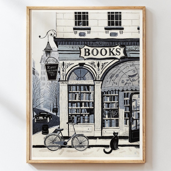 Vintage Bookshop Illustration Poster Rare Editions Books Cat and Bicycle