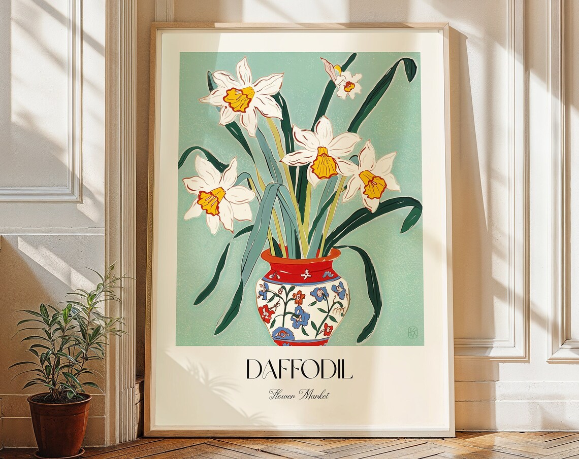Daffodil Flower Market Bouquet In Patterned Vase Botanical Poster