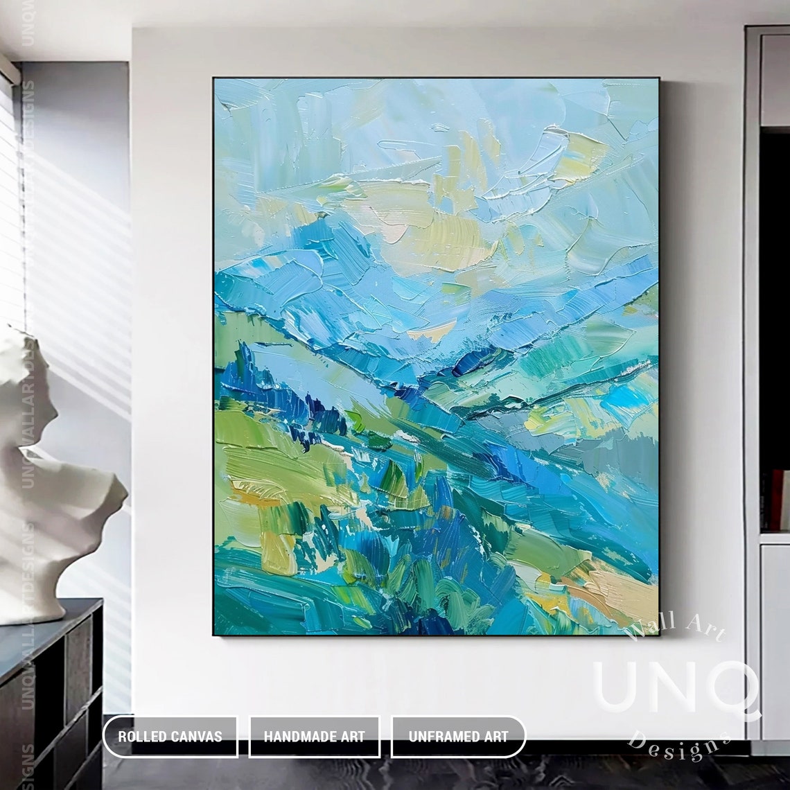 Unique Oversized Green Mountain Oil Painting On Custom Mint Green Sky Cloud Wall Decoration Stylish Scenery Wall Decor - Image 6