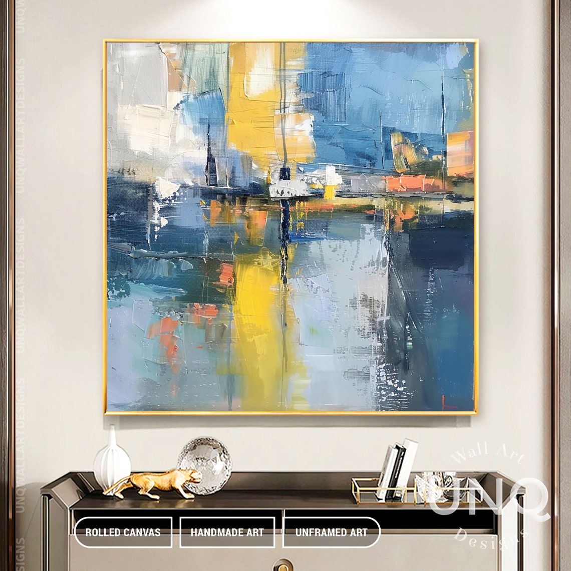 Blue And Yellow Abstract Cityscape Reflections Modern Urban Poster