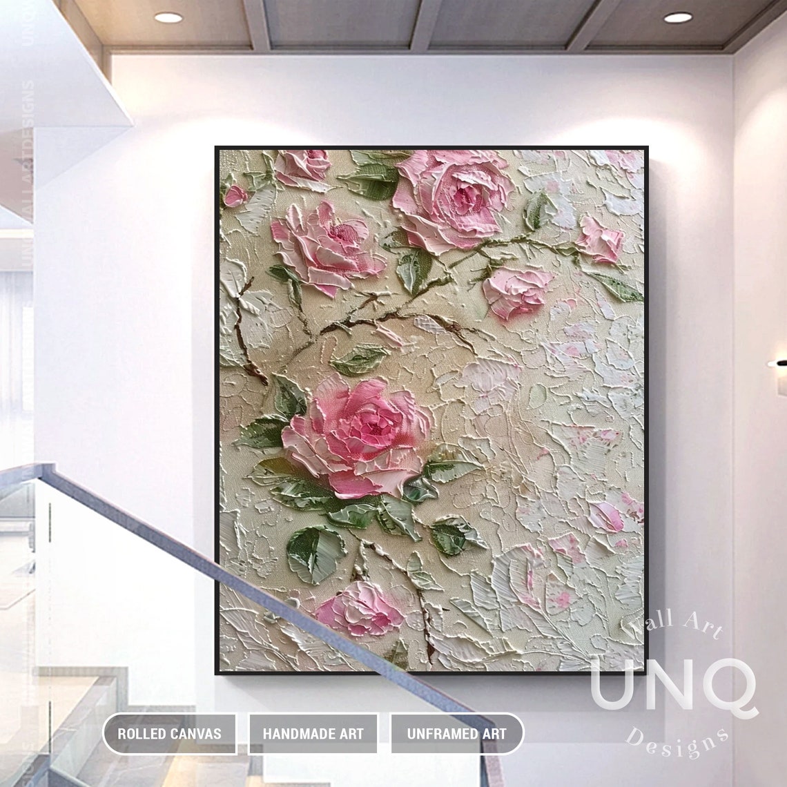 Pink Roses On Cream 3D Textured Embossed Floral Painting Art Poster - Image 7