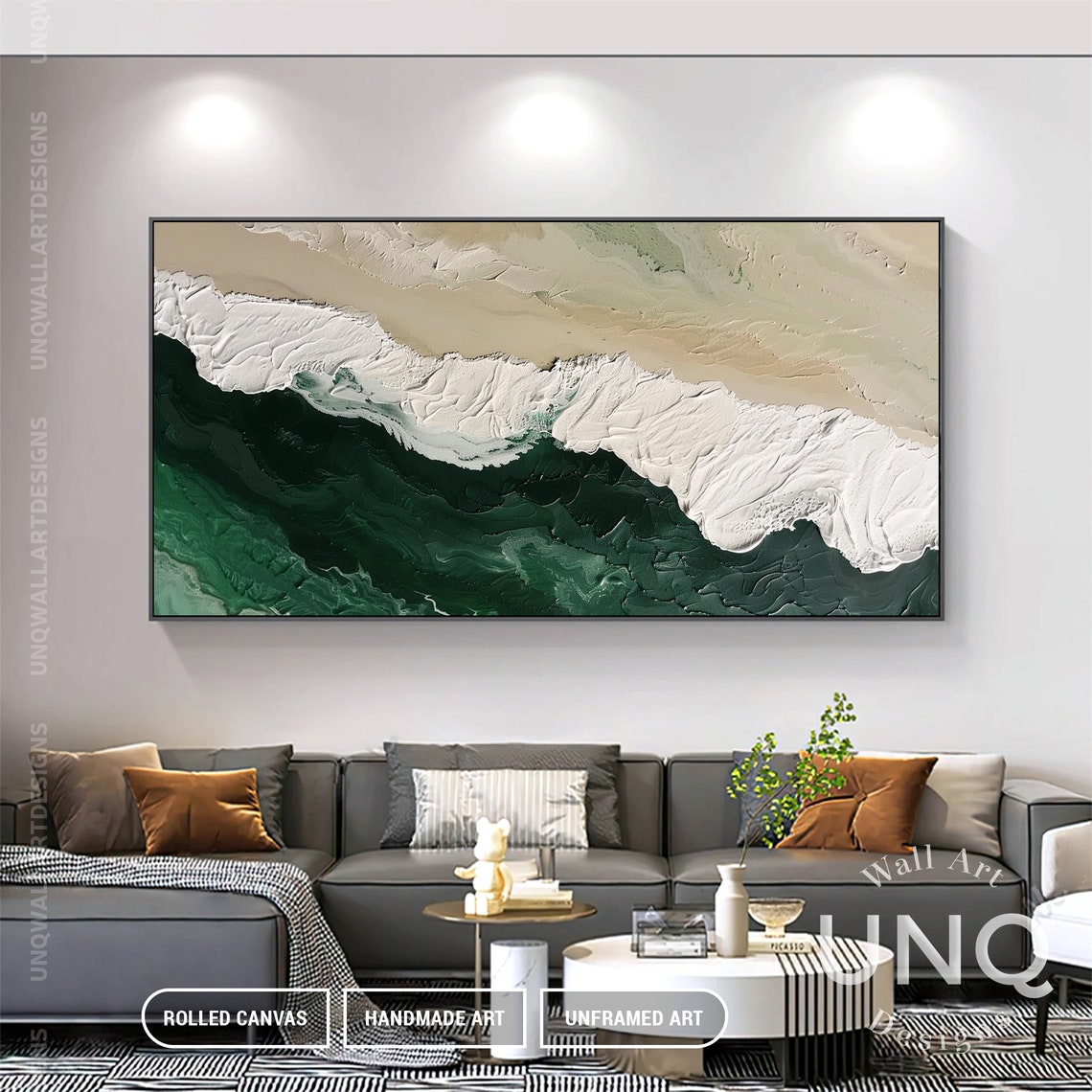 Emerald Green And Beige Abstract Sea Waves Heavy Impasto Art Poster - Image 2
