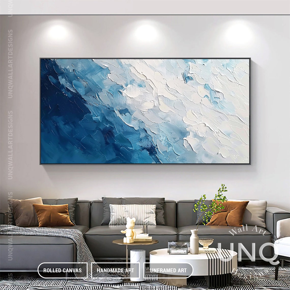 Navy To White Diagonal Waves Heavy Impasto Modern Abstract Poster - Image 2